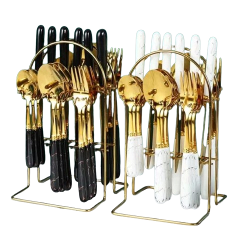 Elegant Marble Handle Gold Stainless Steel Cutlery Sets (24 Pieces)