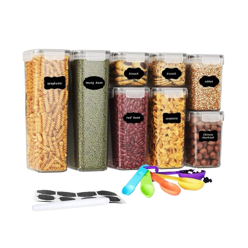 Airtight 8pcs Pantry Storage Container Sets with Labels, Spoons & Pen