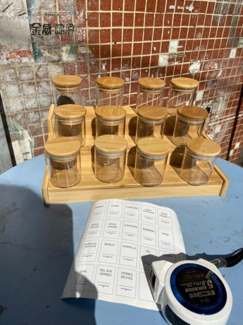 12pcs Glass Spice Jar Sets with Bamboo Lids, Stand & Seasoning Organizers - Image 5