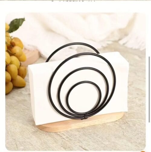 Elegant Circular Metal Napkin Holders with Wooden Base – Black Tabletop Organizers - Image 2